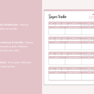 May include: Printable seizure tracker log with sections for date, start time, end time, total time, severity, and notes. The tracker has four sections for logging seizures.