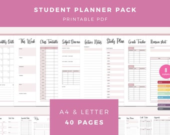 Student planner printable pack, study planner, school and college, university student organizer, timetable, class planners, A4 and Letter,