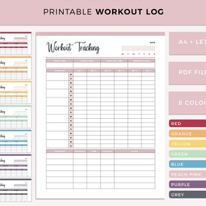 Peut inclure: Journal de suivi d'entraînement imprimable avec le texte "Printable Workout Log" en haut. Le journal comprend des sections pour suivre les exercices, les séries, le temps et les notes. Huit options de couleurs sont affichées : rouge, orange, jaune, vert, bleu, rose pêche, violet et gris.