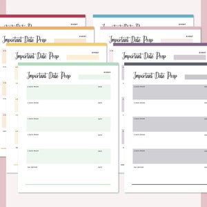 May include: A set of printable checklists for important date prep. Each checklist has a different coloured background and includes a column for the event, days prior to the event, and the date.