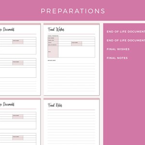 Emergency binder preparations section with end of life documents, final wishes, funeral preparation details, power of attorney, and estate executor information pages with pink accents.