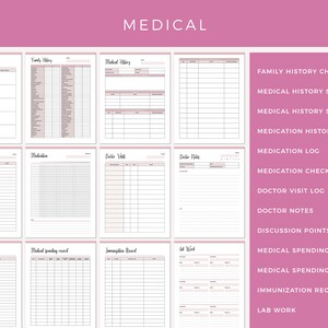 Emergency binder medical section with printable pages for medication history, family history checklist, medical history sheets, medication log and history, doctor visit tracking, doctor notes, discussion points, medical spending record, immunization record, and lab work documentation.