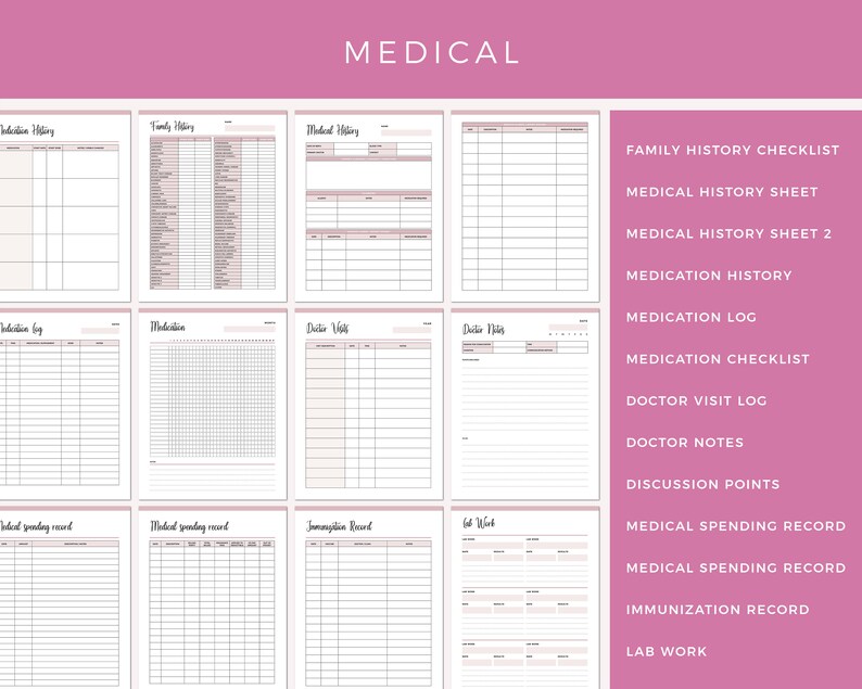 Emergency binder medical section with printable pages for medication history, family history checklist, medical history sheets, medication log and history, doctor visit tracking, doctor notes, discussion points, medical spending record, immunization record, and lab work documentation.