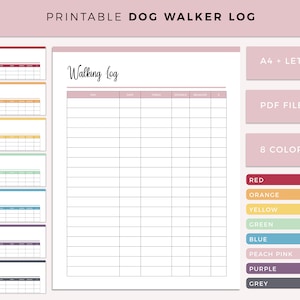 Registro stampabile delle passeggiate con i cani, Registro delle passeggiate con i cani, Modello aziendale per passeggiate con i cani, Modulo per pet sitter, Pianificatore di dog sitter, Cucciolo seduto, A4 e Lettera