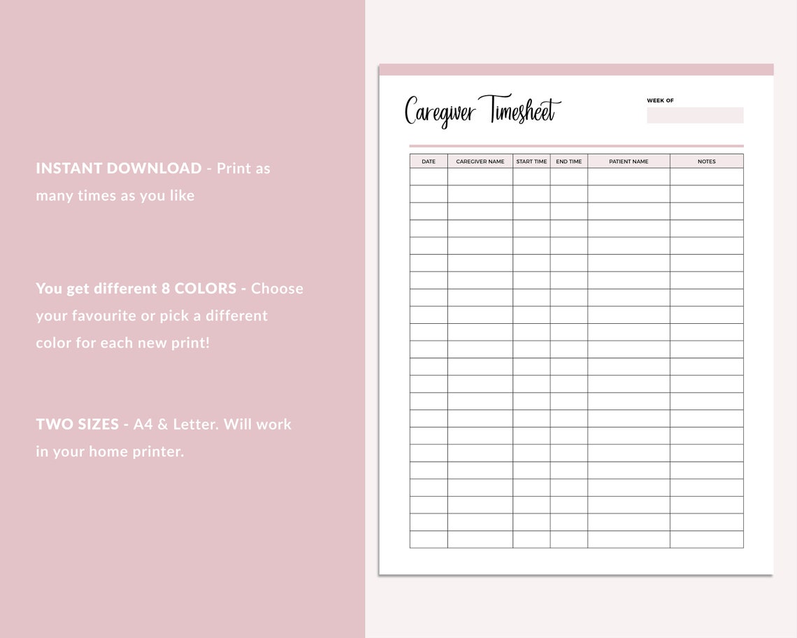 Printable Caregiver Timesheet Home Health Care Time Sheet - Etsy UK