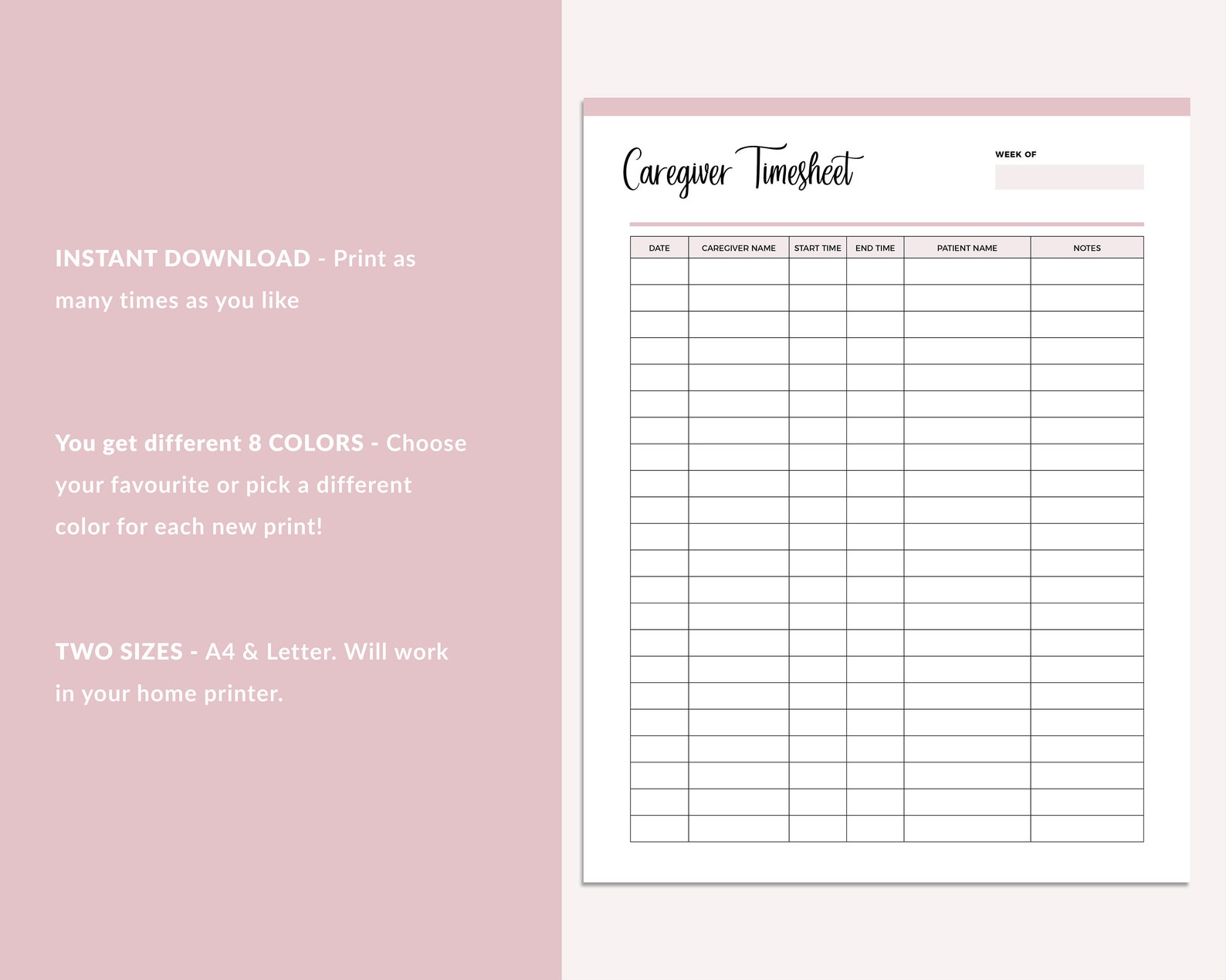 Printable Caregiver Timesheet Home Health Care Time Sheet - Etsy