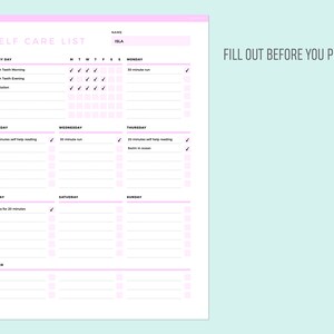 May include: A printable self-care list with a pink and white design. The list includes daily, weekly, and other activities to help with self-care. The list is titled "Self Care List" and has a space for a name at the top. The name "ISLA" is filled in. The list includes activities such as "Brush Teeth Morning", "Brush Teeth Evening", "Meditation", "20 minutes self help reading", "30 minute run", "Sauna for 20 minutes", and "Swim in ocean".