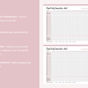 May include: Two printable basal body temperature charts with a pink background. The charts are labeled "Basal body temperature chart" and have columns for days of the month and rows for temperatures. The charts are designed for tracking menstrual cycles.