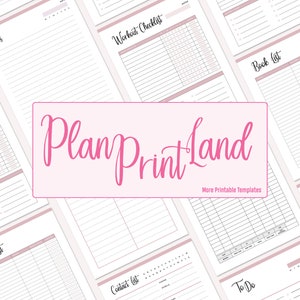 May include: A collection of printable planner pages with titles like "Notes", "Workout Checklist", "Book List", "Move List", "Contact List", and "To Do". The pages are designed with a pink and white color scheme and feature a grid pattern.