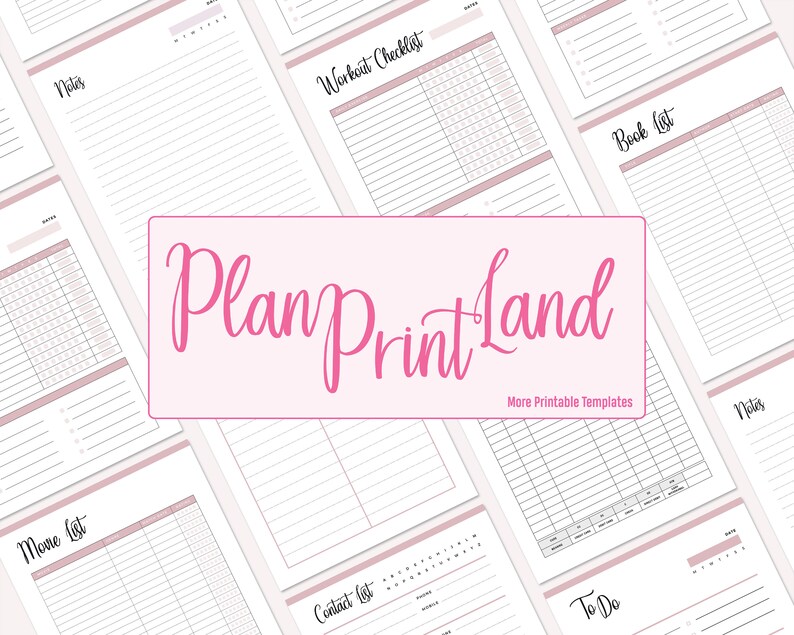 May include: A collection of printable planner pages with titles like "Notes", "Workout Checklist", "Book List", "Move List", "Contact List", and "To Do". The pages are designed with a pink and white color scheme and feature a grid pattern.