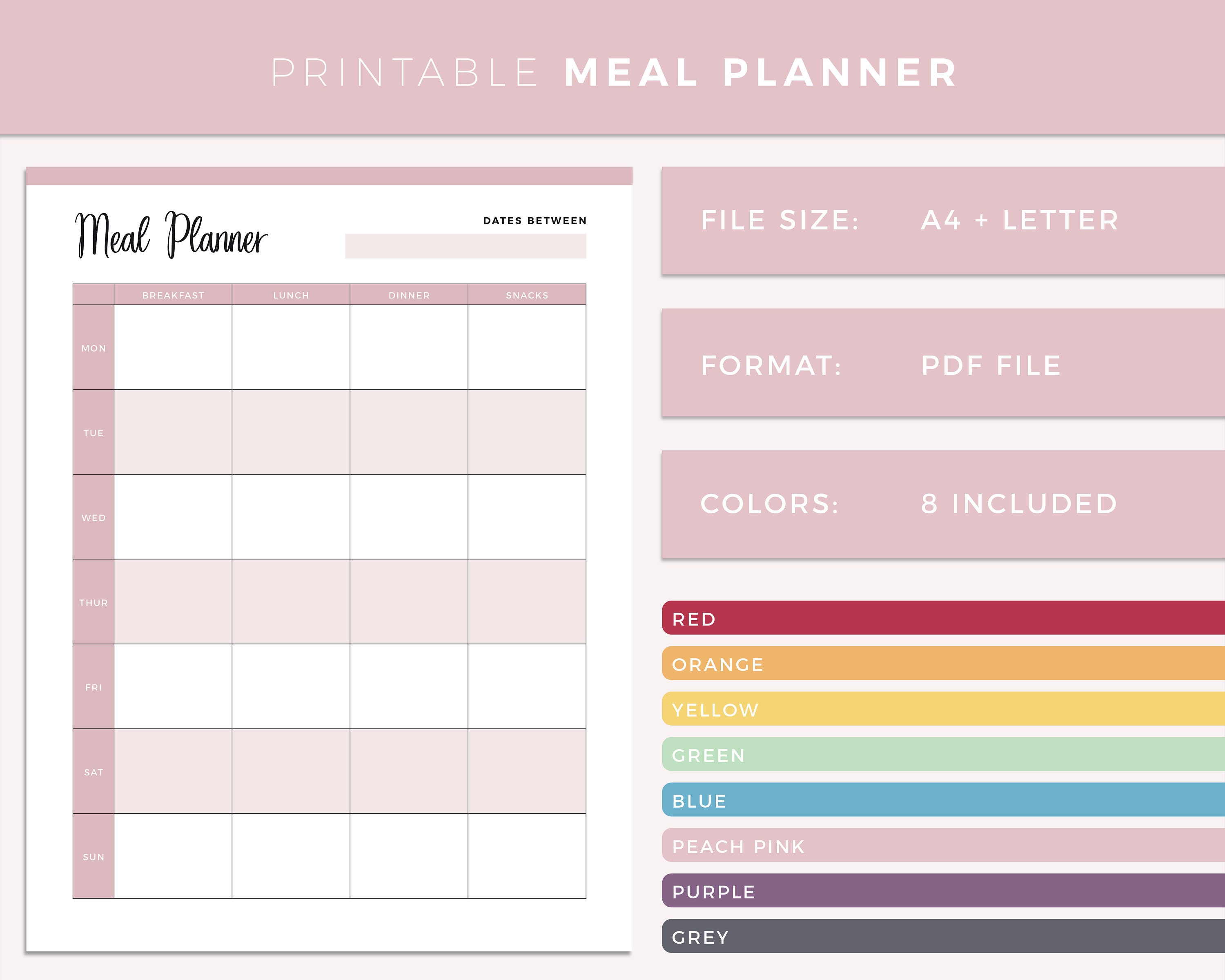 Printable Meal Planner Print at Home Weekly Meal Prep Journal - Etsy