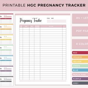May include: Printable pregnancy tracker in 8 colours: red, orange, yellow, green, blue, peach pink, purple, and grey. The tracker includes sections for cycle, date, ovulation, and first symptoms. The tracker is available in A4 and Letter sizes and in PDF format.