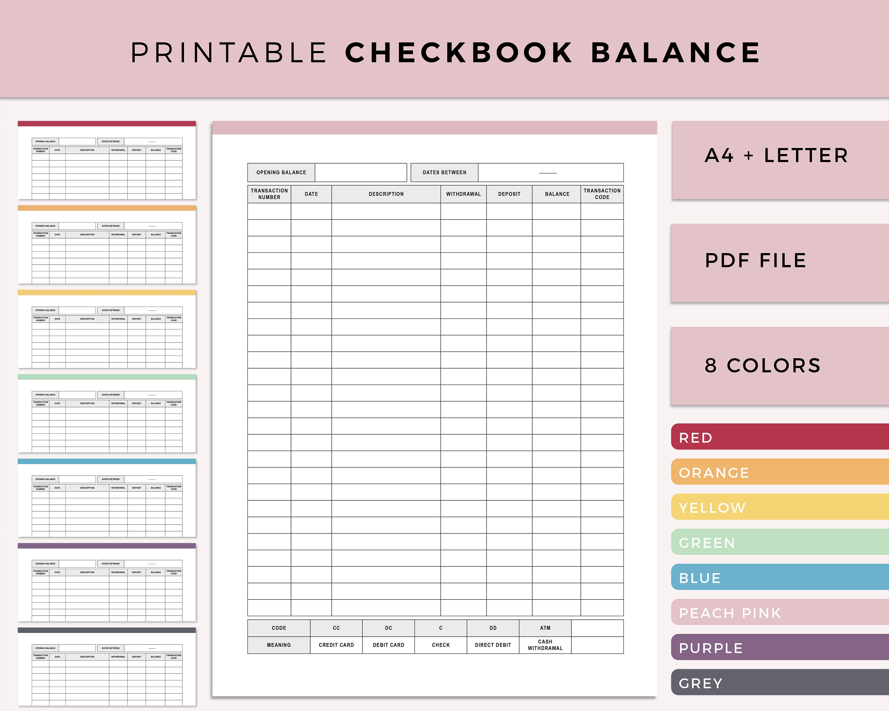 Printable check book balance log print at home expenses | Etsy
