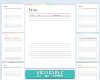 May include: Printable expense tracker with a pastel color scheme. The tracker has columns for date, amount, and description/notes. The text "Expenses" is written in a cursive font at the top of the page. The text "Printable A4 + US Letter" is written in a bold, colorful font at the bottom of the page.