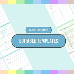 Colorful collection of editable printable templates arranged on a light blue background with a color palette strip, showing various planning templates including calendar template options and other organizational tools.
