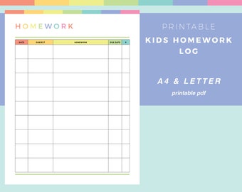 Printable Kids Homework Tracker, children's homework log, childs school homework, home work planner, homework checklist, A4 and Letter