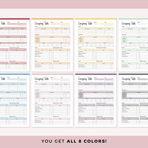 May include: Eight printable planner pages with the title "Carnging Tasks" in black text. Each page has a different color background: red, orange, yellow, green, blue, purple, pink, and gray.