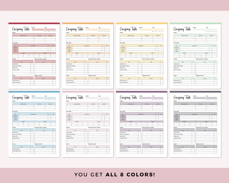 May include: Eight printable planner pages with the title "Carnging Tasks" in black text. Each page has a different color background: red, orange, yellow, green, blue, purple, pink, and gray.