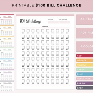 Könnte beinhalten: Druckbarer $100-Dollar-Challenge-Tracker in 8 Farben: Rot, Orange, Gelb, Grün, Blau, Pfirsichrosa, Lila und Grau. Der Tracker hat einen Abschnitt für das Startdatum und das Enddatum. Der Tracker hat 100 Kästchen, die mit jeweils $100 gefüllt werden können.