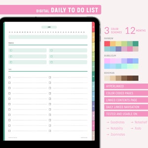 Puede incluir: Una plantilla digital de lista de tareas diarias en la pantalla de una tableta. La plantilla tiene un esquema de color verde y blanco con una sección para prioridades y una sección grande para tareas. La plantilla está hipervinculada y codificada por colores. La plantilla es compatible con Goodnotes, Noteshelf, Notability, Xodo y Zoomnotes.