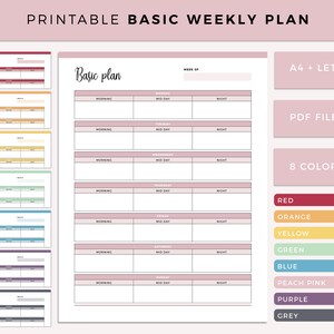 May include: Printable basic weekly planner template in pink with 8 color options: red, orange, yellow, green, blue, peach pink, purple, and grey. The planner includes sections for morning, mid-day, and night for each day of the week.