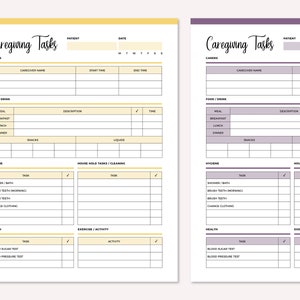 May include: A printable caregiving tasks checklist with sections for food and drink, hygiene, house hold tasks, exercise and activity, and health. The checklist includes columns for date, carer, caregiver name, start time, end time, meal, description, task, and activity.