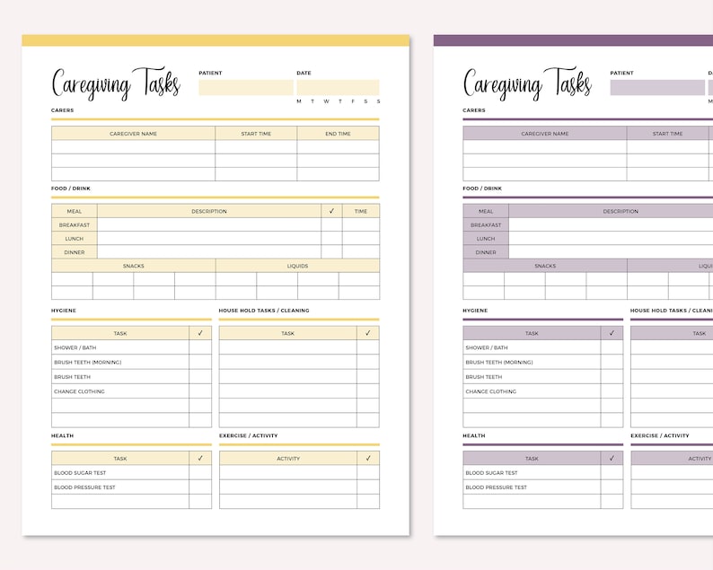 May include: A printable caregiving tasks checklist with sections for food and drink, hygiene, house hold tasks, exercise and activity, and health. The checklist includes columns for date, carer, caregiver name, start time, end time, meal, description, task, and activity.