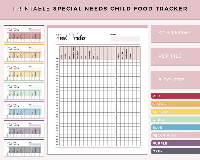 Op de afbeelding: Printbare voedseltracker voor kinderen met speciale behoeften. De tracker heeft een roze achtergrond en bevat kolommen voor datum, maaltijd, notities, bewerkte voedingsmiddelen, fruit, groenten, eiwitten, zuivel, granen, vloeistoffen, supplementen, slaap, stoelgang, stemming en energie. De tracker is verkrijgbaar in 8 kleuren: rood, oranje, geel, groen, blauw, perzikroze, paars en grijs. De tracker is verkrijgbaar in A4- en letterformaat en is een PDF-bestand.