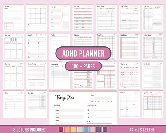 Printable ADHD planner adults, ADD binder for Adults, ADHD organization, planner sheets,  add plan life organizer journal. A4 and letter