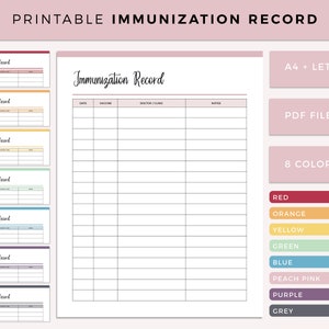 Afdrukbare immunisatie, immunisatielogboek voor kinderen, vaccinrecord, kindervaccinrecord, A4- en Letter-formaat