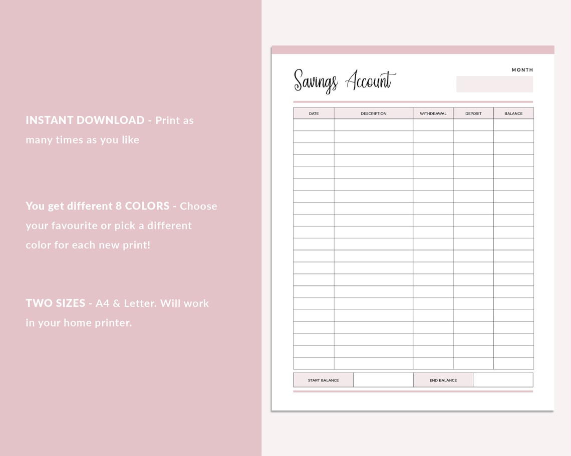 Printable Savings Account Sheet Personal Savings Tracker | Etsy