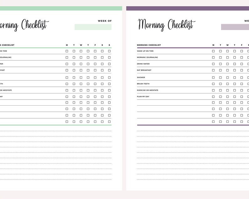 May include: Two-page spread of a morning checklist. The left page has a mint green header and the right page has a purple header. Each page has a checklist with boxes to check off daily tasks such as waking up on time, journaling, and drinking water.