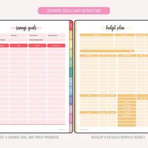 Two finance planner pages showing savings goals tracker in pink with columns for week number, date, savings, and amount left, and budget plan in yellow-orange with columns for income source, pay period, gross income, net income, fixed expenses, budget, actual, and other expenses.