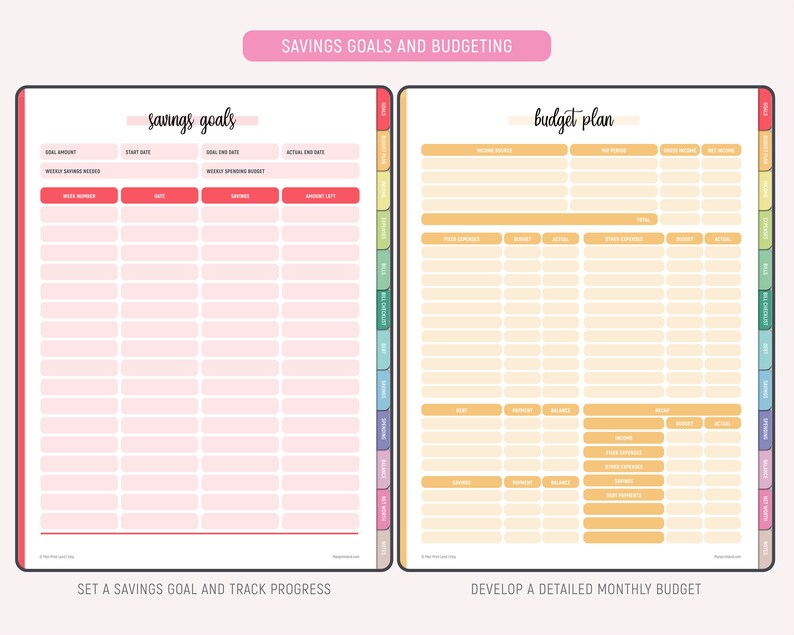 Two finance planner pages showing savings goals tracker in pink with columns for week number, date, savings, and amount left, and budget plan in yellow-orange with columns for income source, pay period, gross income, net income, fixed expenses, budget, actual, and other expenses.
