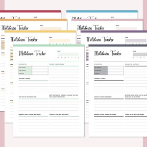 Stacked layers of Meltdown Tracker pages in multiple colors showing the complete special needs carer template with yellow, green, and grey versions visible, displaying date tracking and meltdown documentation sections.