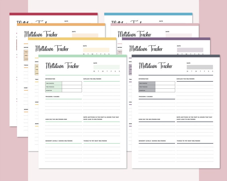 Stacked layers of Meltdown Tracker pages in multiple colors showing the complete special needs carer template with yellow, green, and grey versions visible, displaying date tracking and meltdown documentation sections.