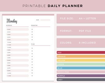 Printable Daily Planner,  day planner, undated Organizer and timetable, Instant Download, Planner templates, Organizer, A4 and Letter