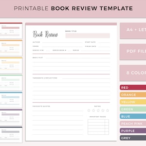 Puede incluir: Plantilla de reseña de libro imprimible en 8 colores: rojo, naranja, amarillo, verde, azul, rosa melocotón, morado y gris. La plantilla incluye secciones para el título del libro, el autor, el género, la serie, la trama básica, las conclusiones y reflexiones, las citas favoritas, la calificación y las páginas importantes.