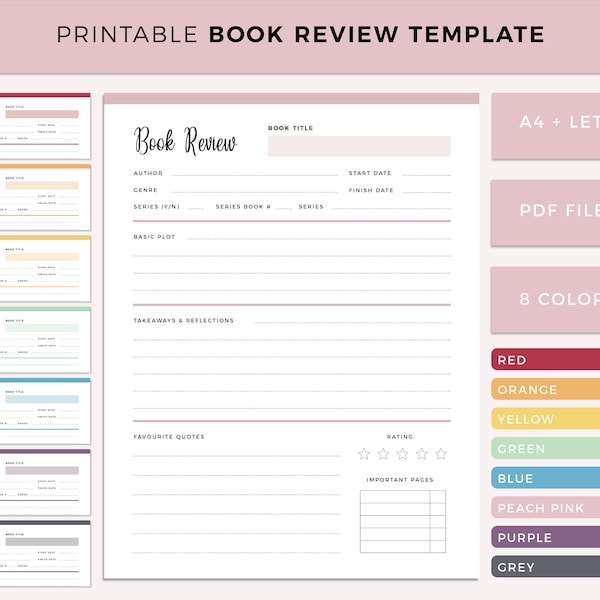 Printable book review template, book reader inserts, book worm, avid readers, book reading log and review page, reading diary, book list