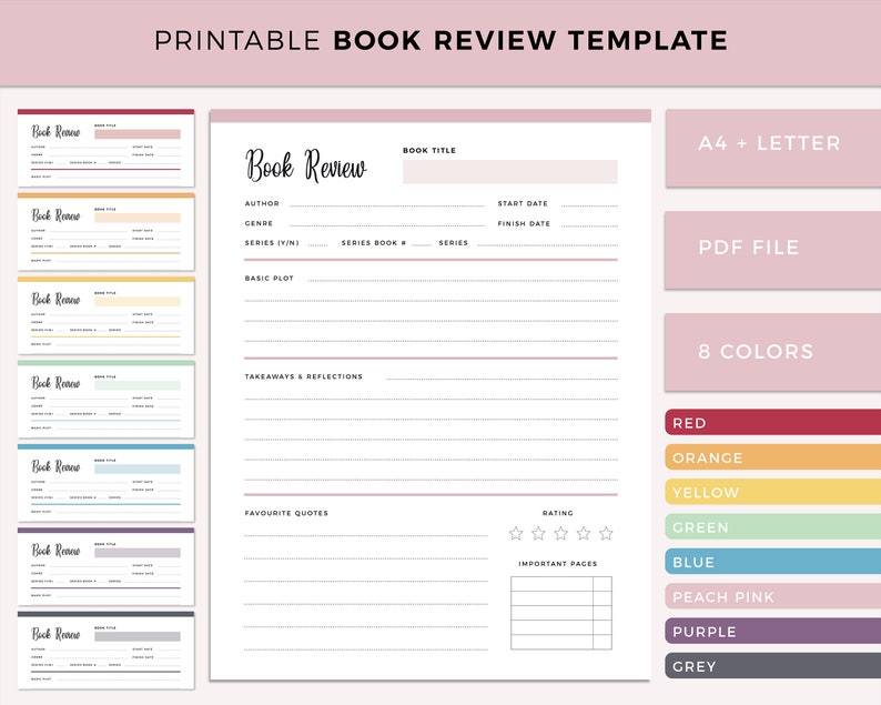 Printable book review template showing full-page layout with sections for book title, author, genre, series info, basic plot, takeaways & reflections, favorite quotes, rating stars, and important pages, displayed in 8 color options including red, orange, yellow, green, blue, pink, purple, and grey.