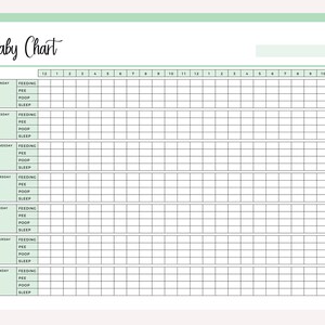 May include: A black and white baby chart with the words "Baby Chart" at the top. The chart is divided into days of the week and hours of the day. Each day has a section for feeding, pee, poop, and sleep.