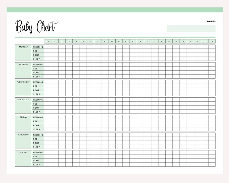 May include: A black and white baby chart with the words "Baby Chart" at the top. The chart is divided into days of the week and hours of the day. Each day has a section for feeding, pee, poop, and sleep.