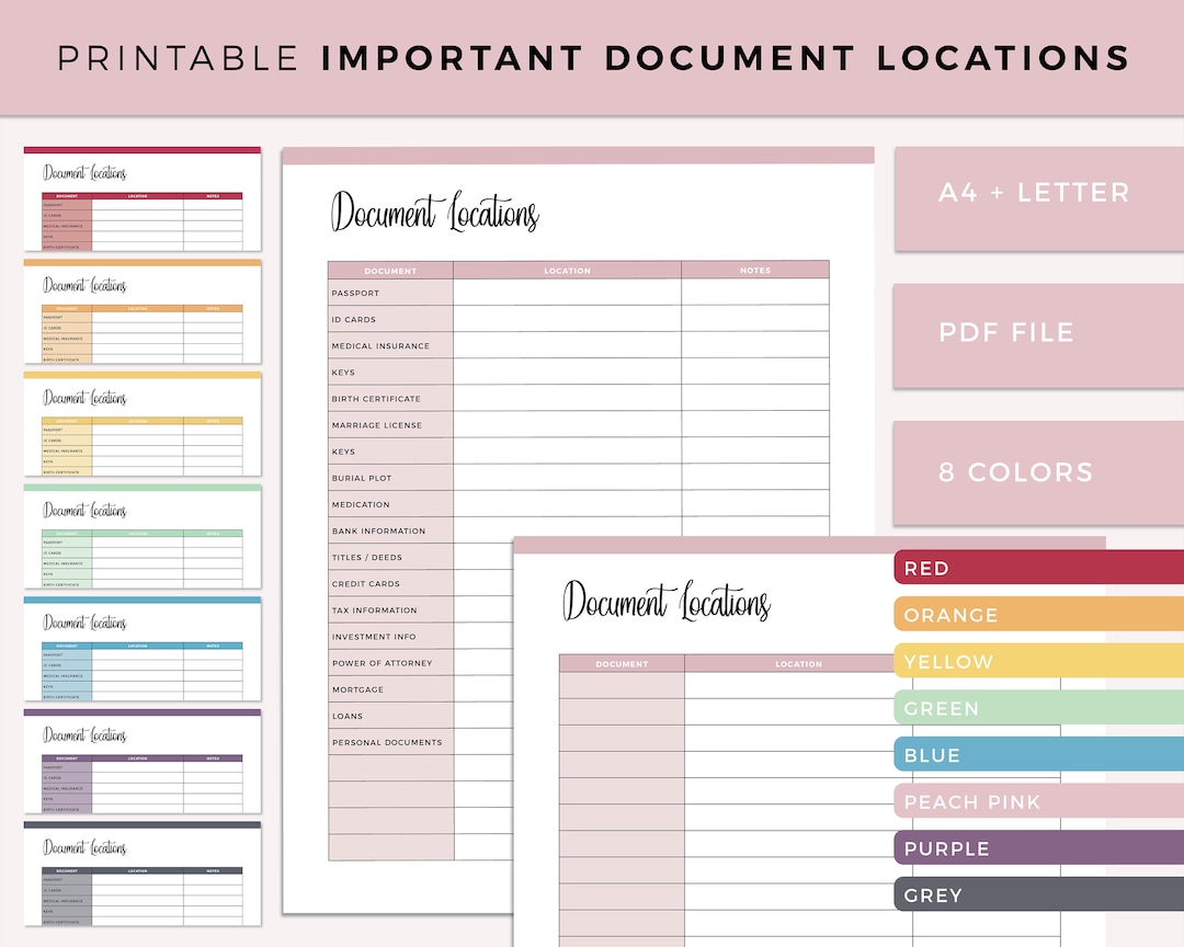 Printable Important Document Organizer, Home Binder Document Location ...