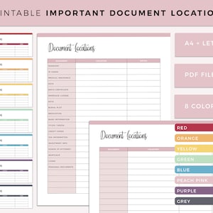 Organizador de documentos importantes imprimibles, Ubicación del documento de la carpeta del hogar, Organizador del hogar, Planificador familiar, Planificación de desastres, A4 y carta
