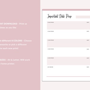 May include: Printable planner page with the title "Important Date Prep" and a list of dates to fill in, including 8 days prior, 6 days prior, 4 days prior, 3 days prior, 2 days prior, and the day before.