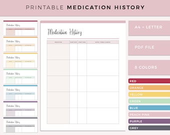 Printable Medication History Template, Medical Binder Planner Insert, Medication Log, Medicine Tracker, Health Log, A4 and Letter