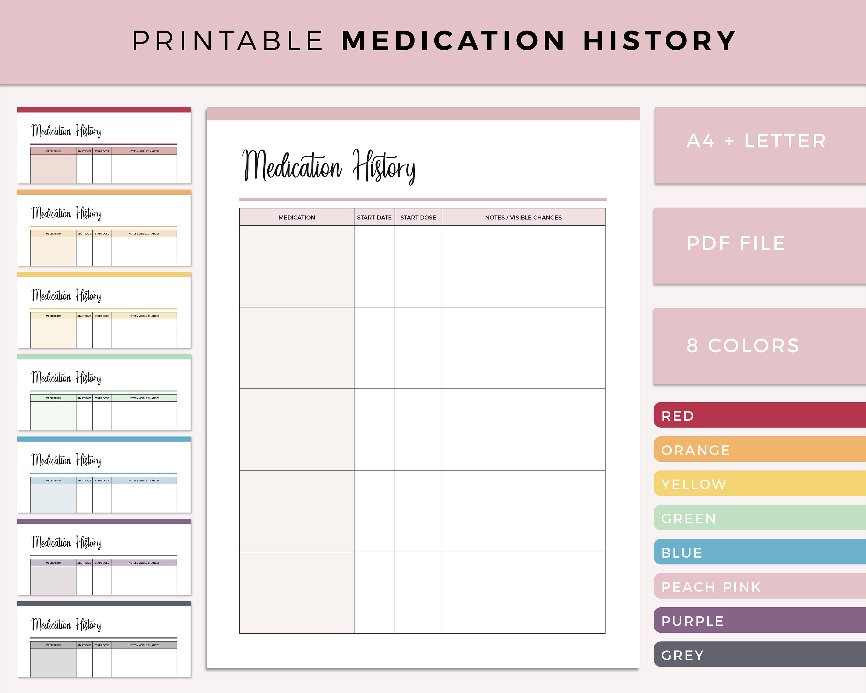 Printable Medication History Template Medical Binder Planner Etsy