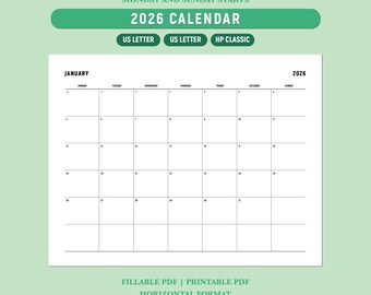Druckbarer Kalender 2026, Monatskalender 2026, Horizontaler Querformatkalender, Kalender 2026, A4/Letter/Happy Planner, ausfüllbares PDF