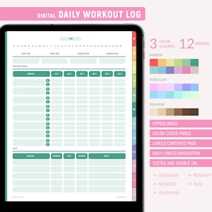 May include: Digital daily workout log template with a green and white color scheme. The template includes sections for start time, finish time, exercise, sets, reps, distance, time, calories, and notes. The template is designed for 12 months and includes 3 color schemes: rainbow, bubblegum, and bohemian. The template is hyperlinked and color coded. It is tested and usable on Goodnotes, Noteshelf, Notability, Xodo, and Zoomnotes.