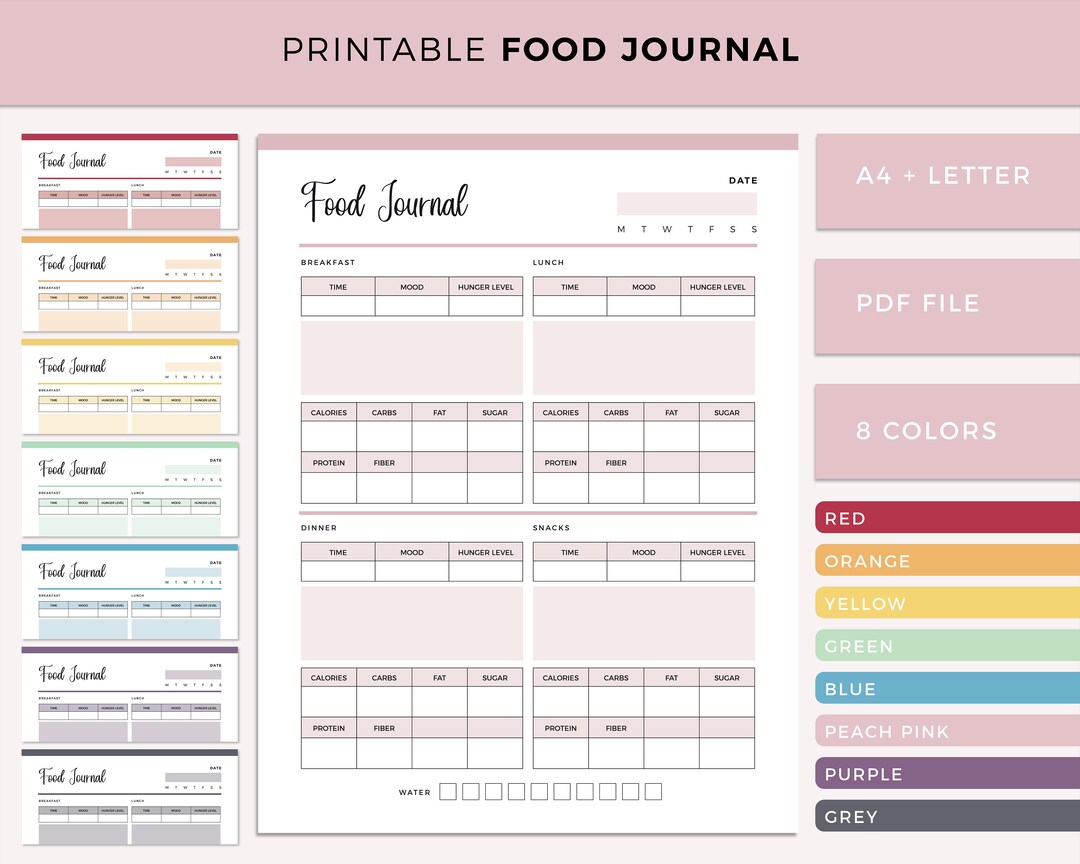 Printable Food Journal, Food Tracker, Daily Food Diary, Daily Food Log, Meal Log, Diet Diary and Record, A4 and Letter Size Pages - Etsy printable-food-journal-food-tracker-daily-food-diary-daily-food-log-meal-log-diet-diary-and-record-a4-and-letter-size-pages-etsy